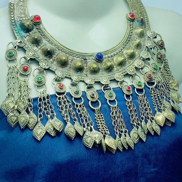 Vintage Turkmen Torque Choker Necklace, Torque Choker Necklace with Dangling - Picture 2 of 6